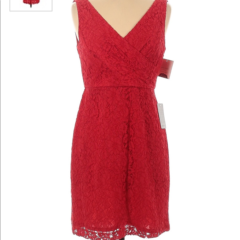 Red Donna Morgan Petites Surplice Lace Overlay V-Neck Dress 10